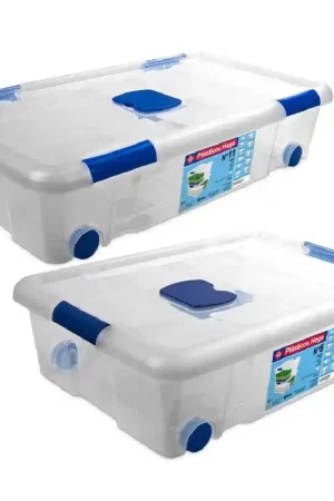 2x Opbergboxen/opbergdozen met deksel en wieltjes 30 en 31 liter kunststof transparant/blauw - Opbergbox Betaalbaar