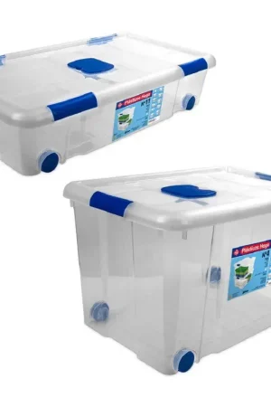 2x Opbergboxen/opbergdozen met deksel en wieltjes 31 en 55 liter kunststof transparant/blauw - Opbergbox Must-Have