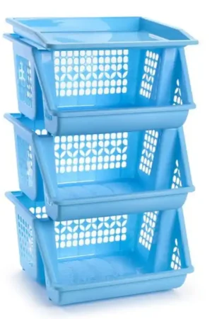 2x Blauwe opberg stapelkratten/organizers 3 vakken 62 x 32 cm - Opbergmanden Alleen Vandaag