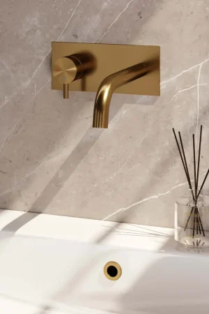 Premium Brauer Gold Edition ColdStart wastafelkraan inbouw gebogen uitloop met achterplaat model B2 geborsteld messing PVD