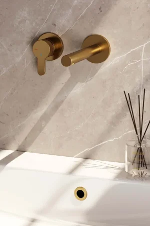 Brauer Gold Edition ColdStart wastafelkraan inbouw rechte uitloop en rozetten model D2 geborsteld messing PVD Nieuwe Collectie