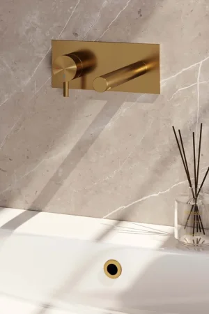 Brauer Gold Edition ColdStart wastafelkraan inbouw rechte uitloop met achterplaat model B2 geborsteld messing PVD Direct Verzonden