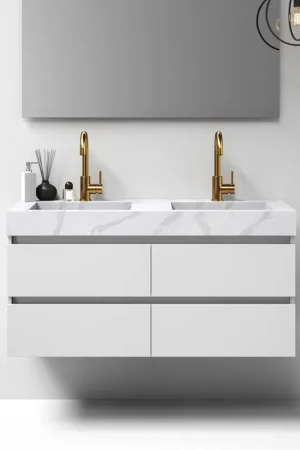 Aanbieding Brauer Nature badmeubel 120cm mat wit met wastafel Artificial Marble Calacatta Gold dubbele wasbak 2 kraangaten
