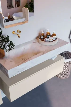 Aanbieding Mondiaz Alan DLux badmeubel 110cm linen 1 lade met wastafel frappe links zonder kraangat