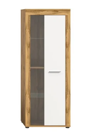 1-deurs vitrinekast in wit en eiken wotan H159 cm - AOSTA Modern